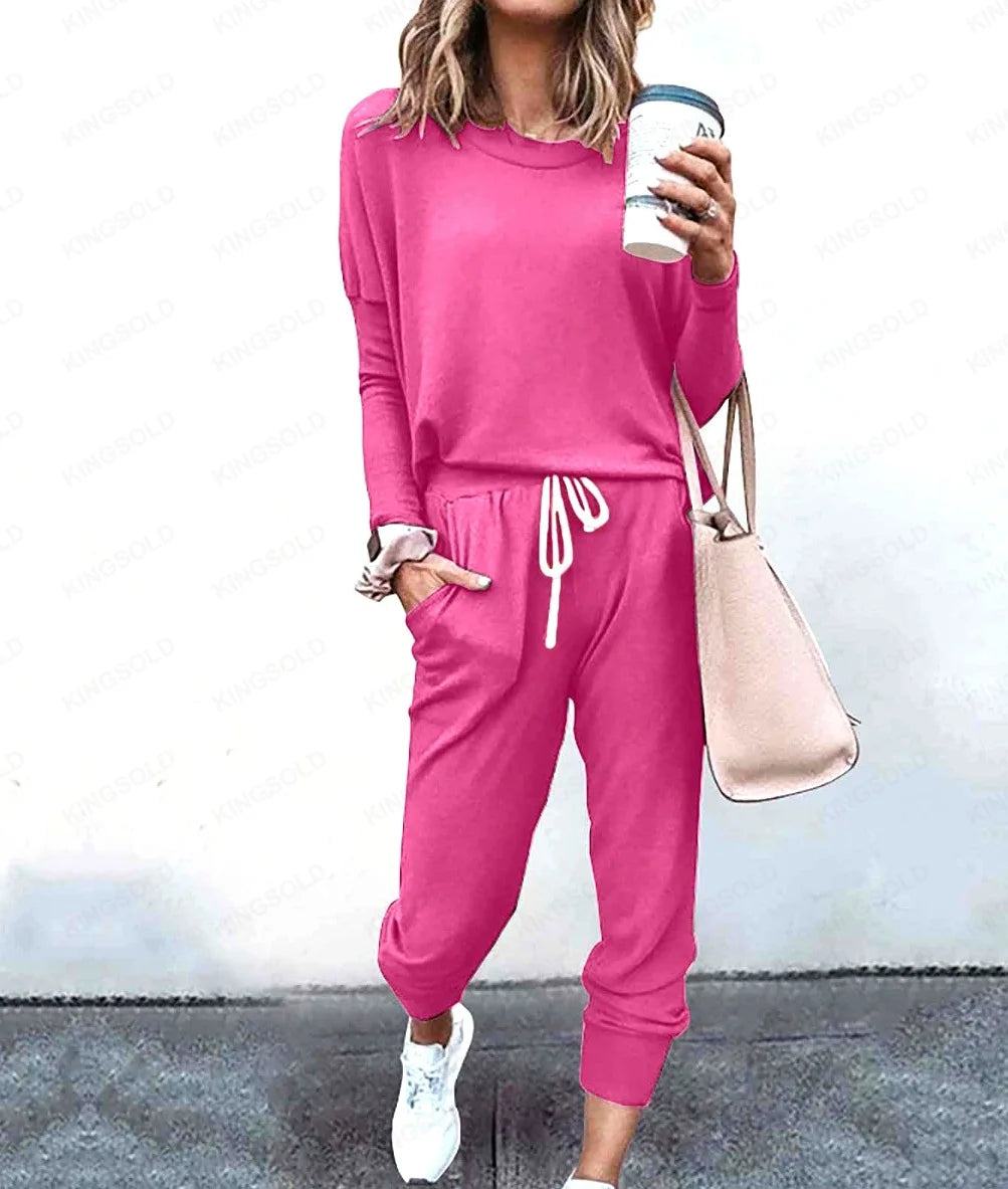 Conjunto Feminino Casual de Duas Peças com Blusa de Manga Comprida e Calça com Cordão para Ficar em Casa