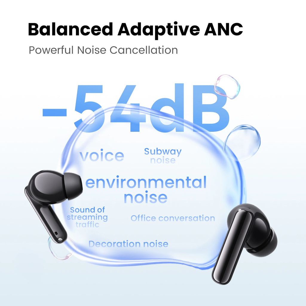 Fones de ouvido sem fio HAYLOU Flowbuds N55 ANC adaptativo de 54dB Bluetooth 6.0 Áudio LDAC Hi-Res 6 microfones para chamadas HD Reprodução de 40H IPX5