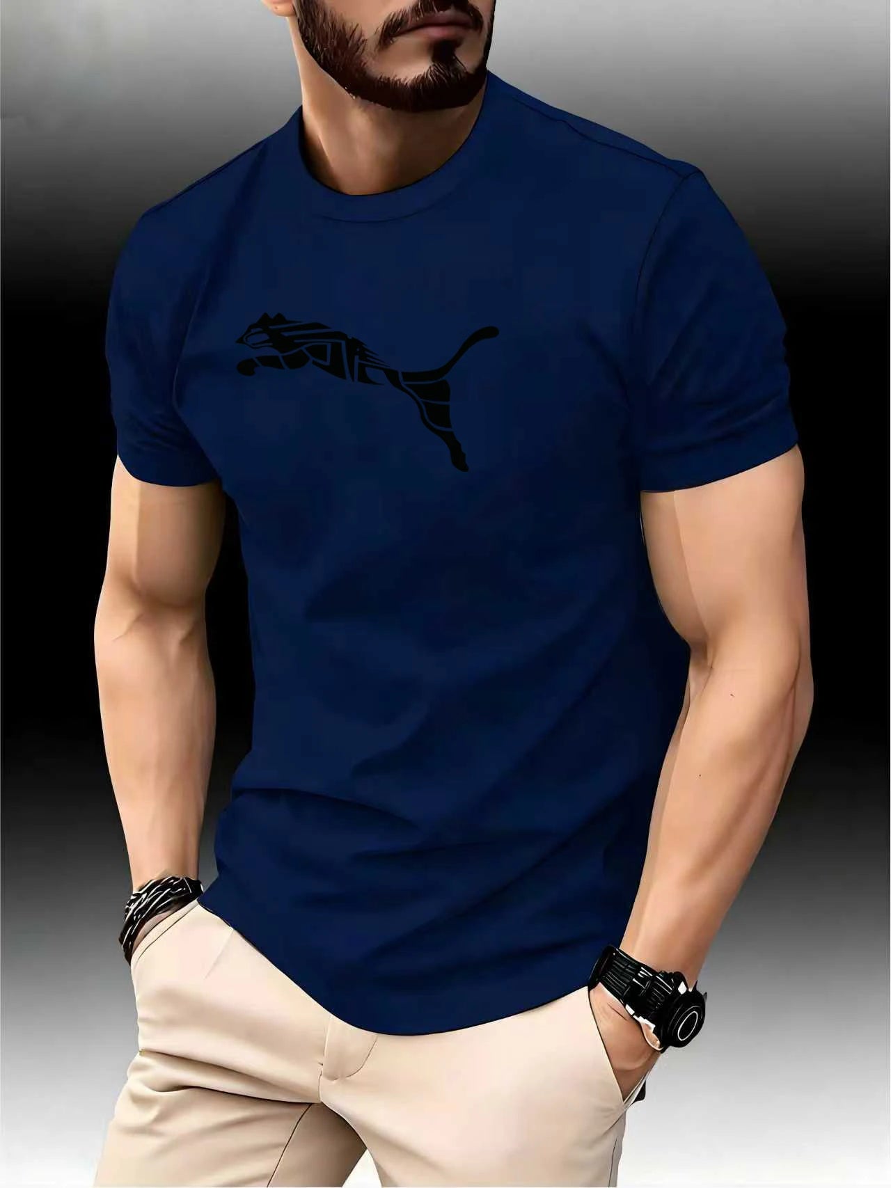 Camiseta Masculina Estampa Leopardo Raposa Gola Redonda Casual Estilo Y2K Fitness Esportiva