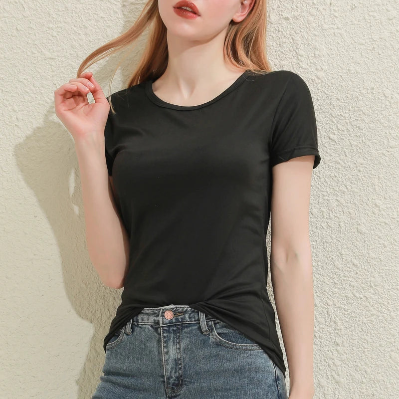 Camiseta Feminina de Algodão Decote V Manga Curta Feminina Slim Branca e Preta Casual Lisa Blusa - Branca Decote V M