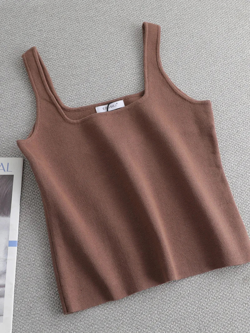 Regata de malha branca de verão com decote U de alta qualidade, chique, básica, feminina, sexy, camiseta sem mangas, top vintage, camiseta casual cropped