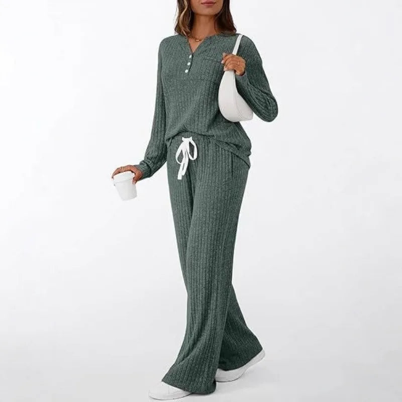 Women's Ribbed Knit Loungewear Set: Henley V-Neck Top Drawstring Wide Leg Pants