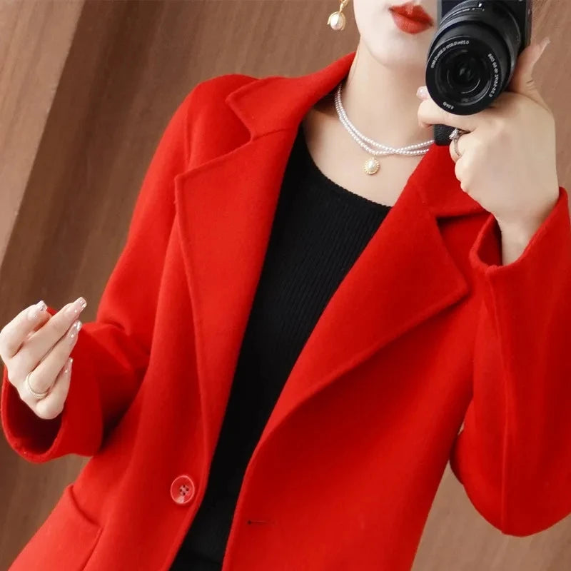 Jaqueta Feminina Casaco De Lã Cashmere Dupla Face 100% Pura Lã Outono Inverno Novo Casaco Corta-Vento De Lã Slim De Um Botão De Comprimento Médio
