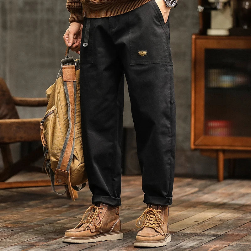 Hiqor Roupas Masculinas Primavera Outono Calça Cargo Homem Algodão Casual Solta Calça Cinto Cintura Média Joggers Masculino Reta Calça Larga