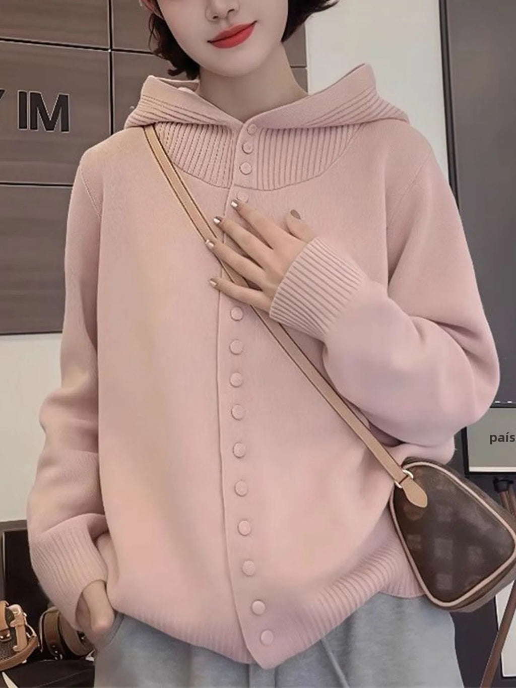 Suéter de malha com capuz cinza feminino solto quente outono inverno casaco estilo cardigã moda confortável respirável Top 1 - L veste 50-57,5kg Rosa de alta qualidade