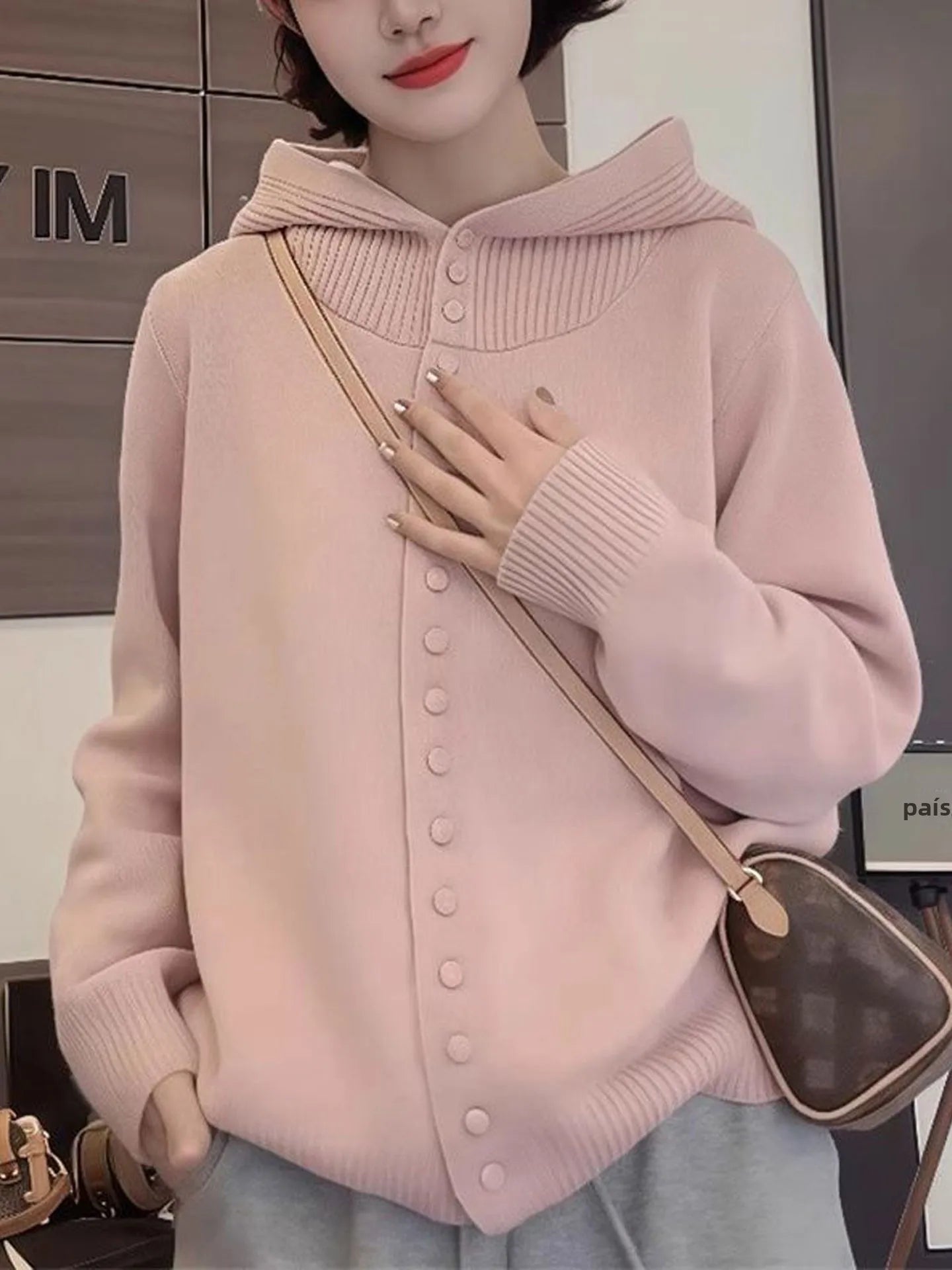 Suéter de malha com capuz cinza feminino solto quente outono inverno casaco estilo cardigã moda confortável respirável Top 1 - L veste 50-57,5kg Rosa de alta qualidade