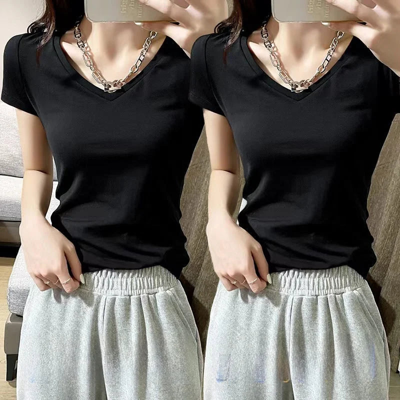 Camiseta Feminina de Verão Slim Fit Manga Curta Meia Manga Camisa Base Camada Base Versátil Fibra de Poliéster de Alta Qualidade Deslocamento - M V branco + v branco [2 peças]