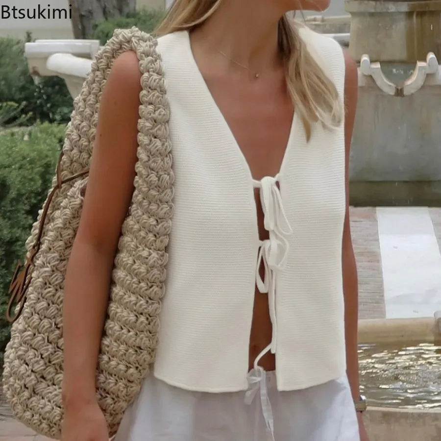 Colete Suéter Tricotado Casual Com Cadarço Top Feminino Sem Mangas Decote V Profundo Vazado Top Feminino Fashion Colete Feminino Folgado Versátil