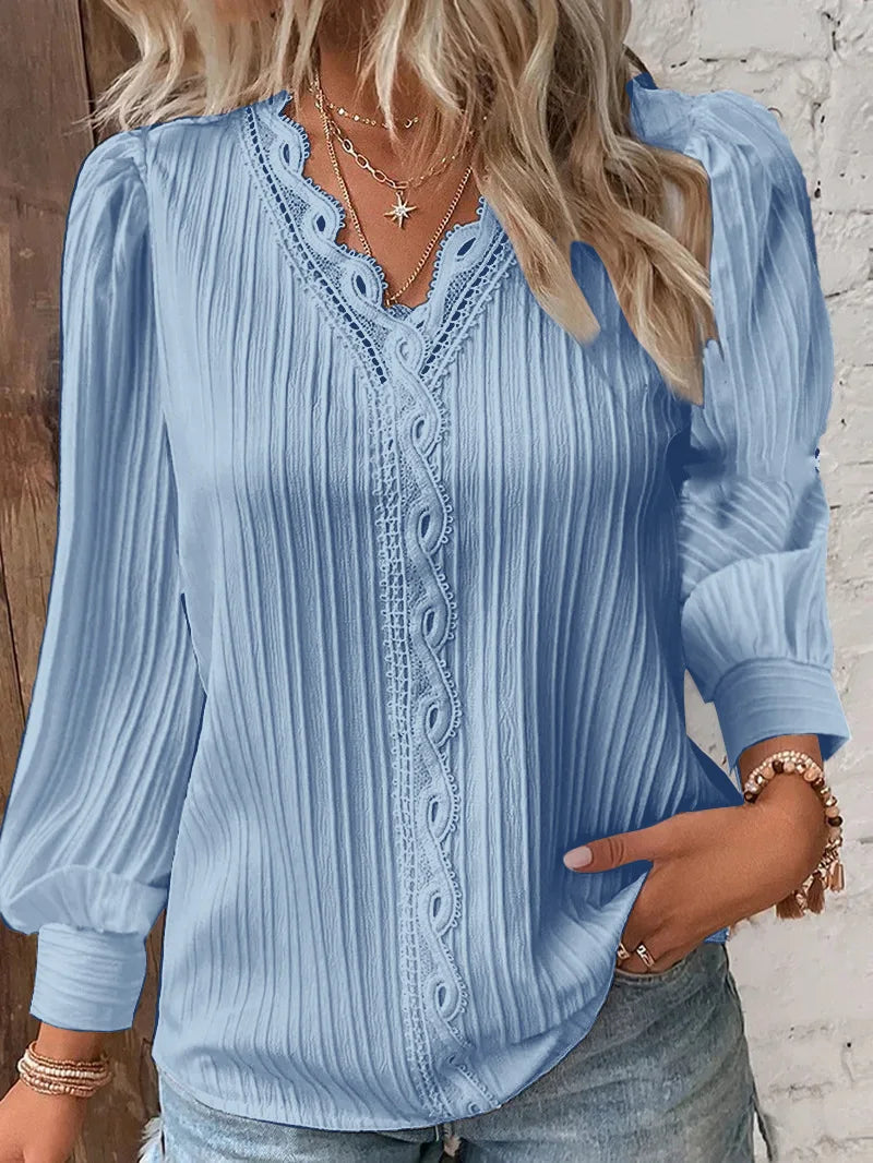 Camisa Feminina Elegante de Verão com Renda Vazada, Blusa Chique, Gola V, Manga Longa, Renda Lisa, Casual, Básica, Regular - Dourado P