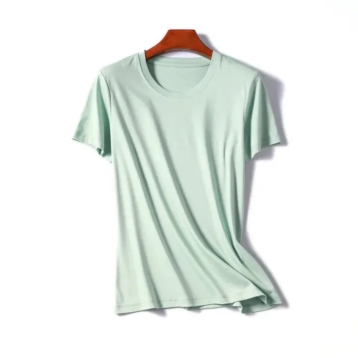 Camiseta Feminina Verão 2026 Gola V Manga Curta Algodão Casual Sólida Top Tees Solta Camisetas Básicas Camisas Femininas Tops Camisetas Femininas - verde escuro gola redonda P