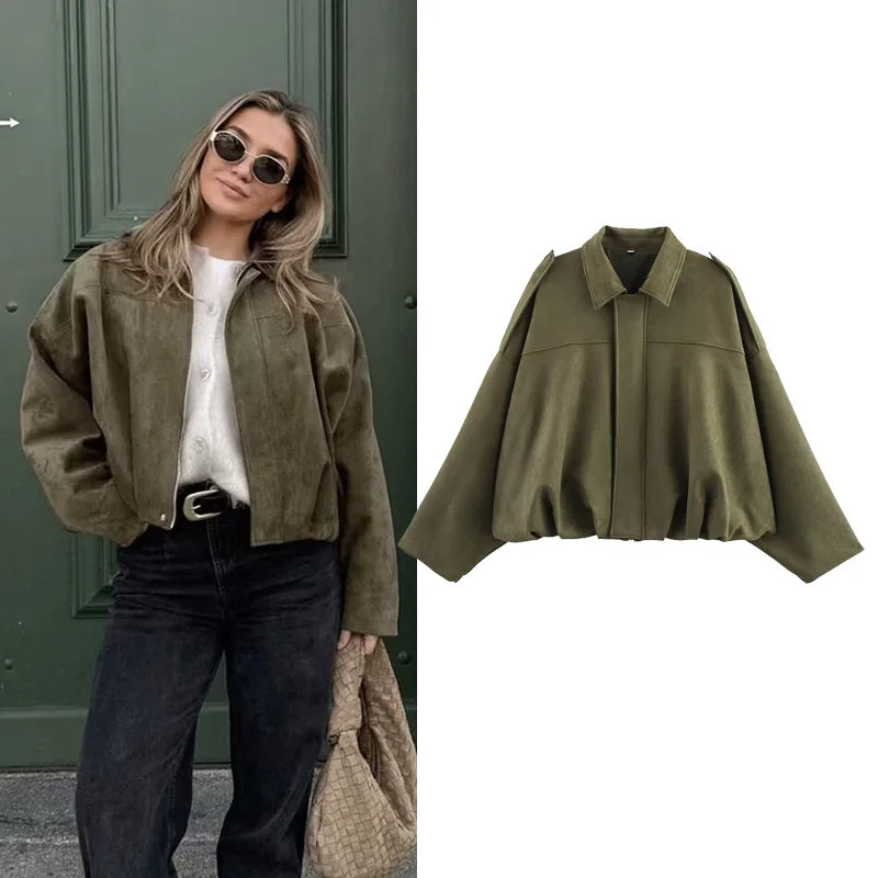 Casacos Bomber Femininos Casacos da Moda Gola Virada Manga Longa Casacos Largos Vintage Feminino Casacos Chiques Tops