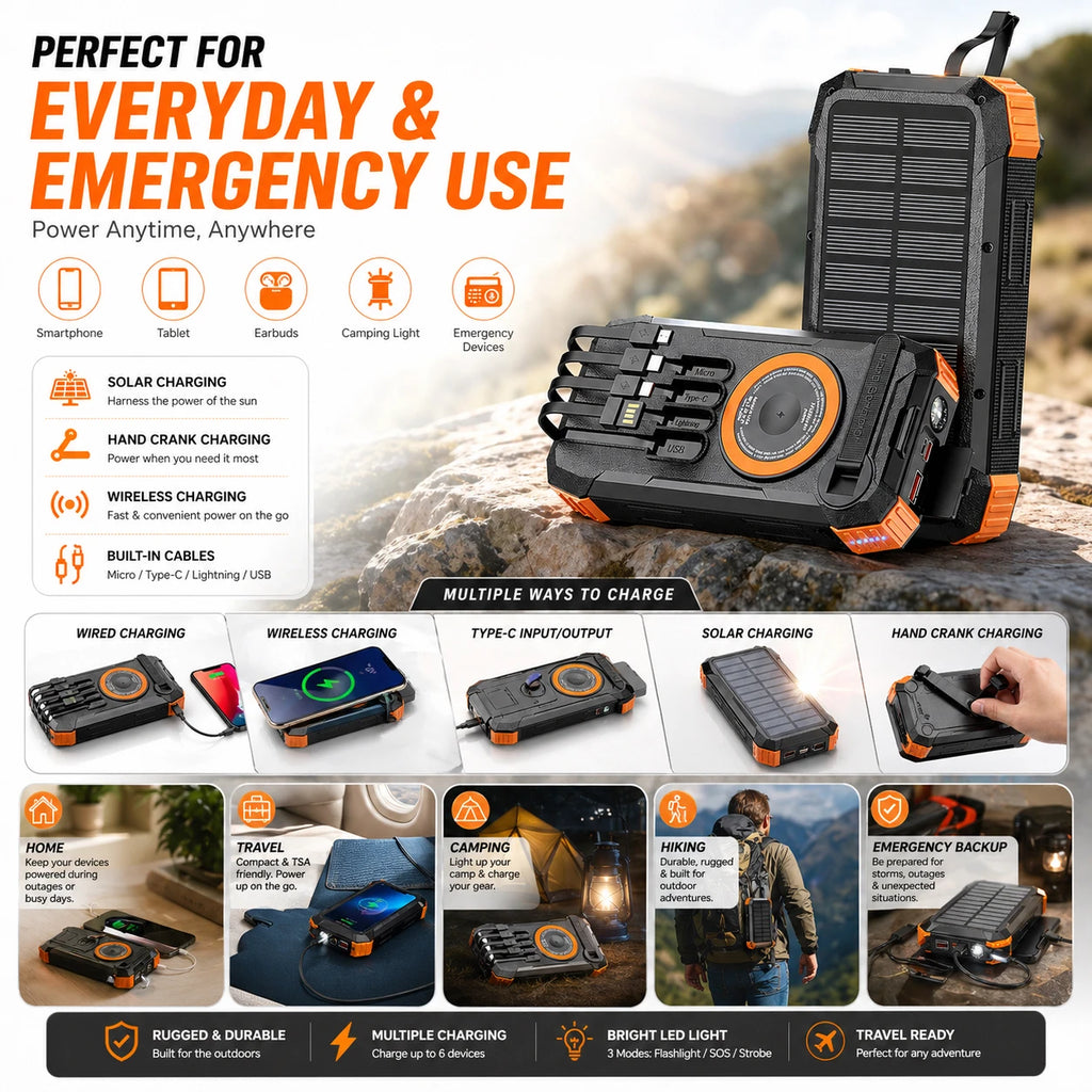 Solar Power Bank 100000mAh Wireless Fast Charging Portable Built-in Cables