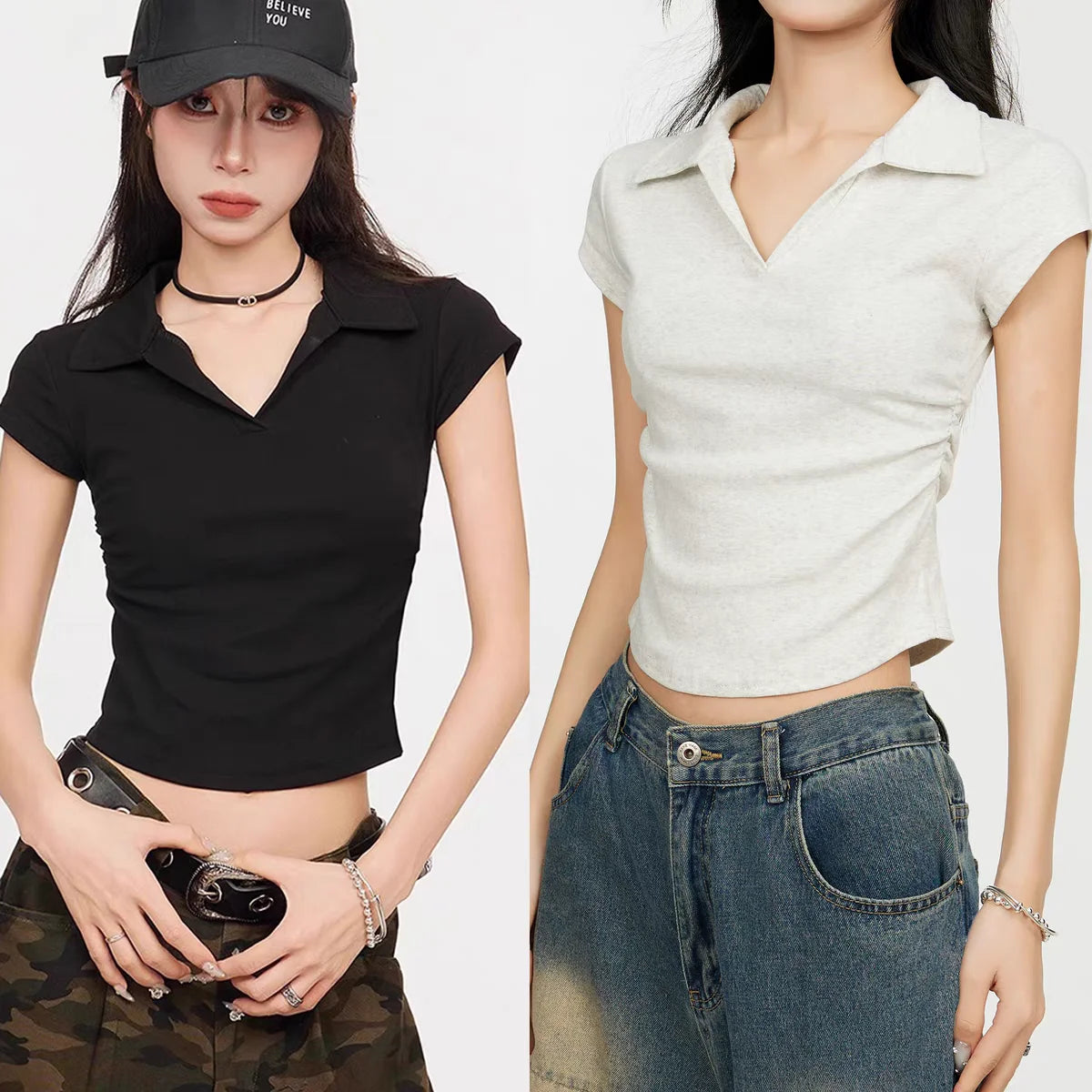 Cotton Summer Sexy Womens T Shirt Skinny Slim Basic Solid Crop Top Short Sleeve Polo Tshirtcasual Top Tee For Women - White L