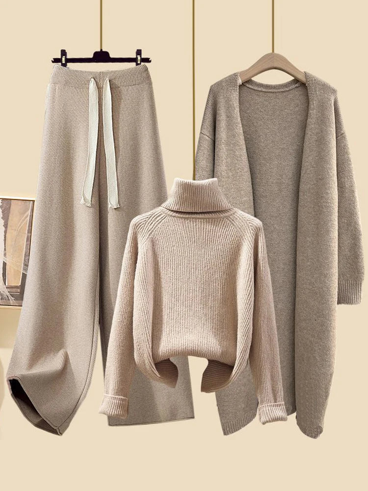 Conjunto Feminino de Tricô Moda Três Peças Outono Novo Estilo Preguiçoso Cardigã Aberto Calças Wide Leg Slim