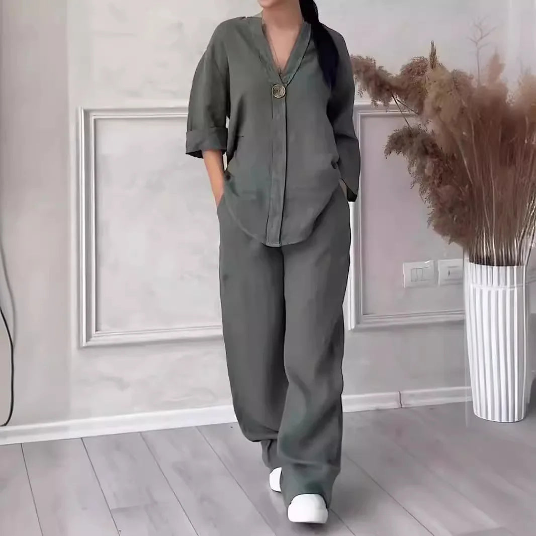 Conjunto de Linho e Algodão 2 Peças Blusa de Manga Comprida Solta com Botão e Calça Pantalona Larga de Cintura Alta Elástica NMD-3021