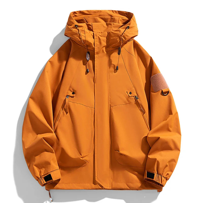 Jaqueta Corta-Vento Masculina com Capuz Zíper Casaco Cargo Impermeável Preta Bomber Acampamento Solta Fina Softshell Jaqueta com Capuz para Caminhada