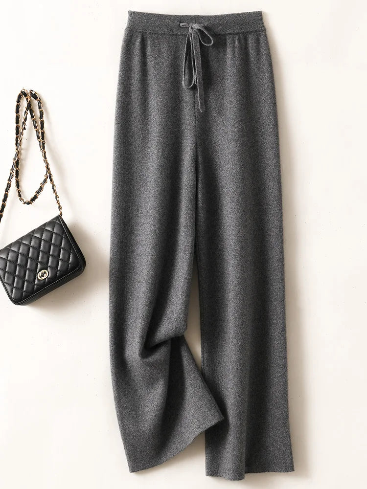 Calças Femininas Outono Inverno Básicas Macias Casuais com Faixas Calças de Malha de Lã Merino 100% Coreanas Populares - Gaoya Camel M