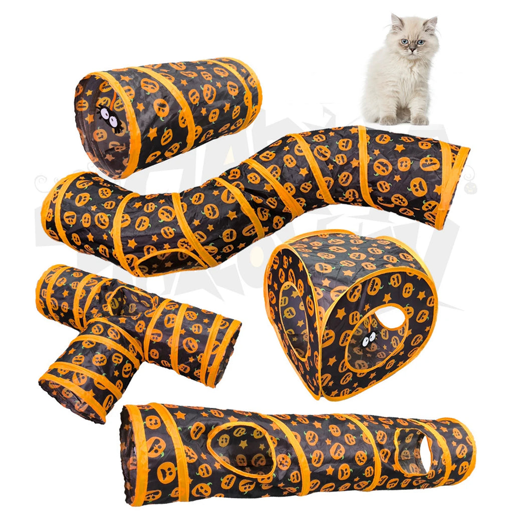 Túnel para Gatos Dobrável com Tema de Abóbora de Halloween, Brinquedo com Barulho para Gatos, Túnel de Gato Dobrável, Brinquedo para Animais de Estimação