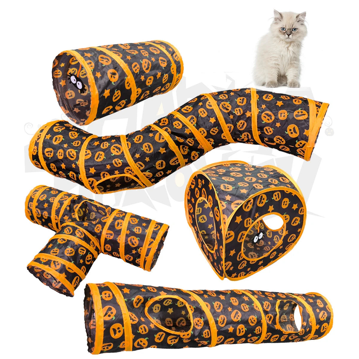 Túnel para Gatos Dobrável com Tema de Abóbora de Halloween, Brinquedo com Barulho para Gatos, Túnel de Gato Dobrável, Brinquedo para Animais de Estimação