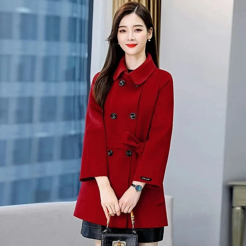 Casaco Feminino de Lã para Outono Inverno Novo Casaco Casual com Cinto Dupla Carreira Acinturado de Lã Quebra-Vento Outwear
