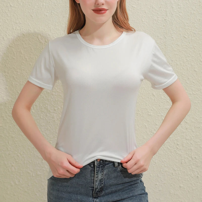 Camiseta Feminina de Algodão Decote V Manga Curta Feminina Slim Branca e Preta Casual Lisa Blusa - Branca Decote V M