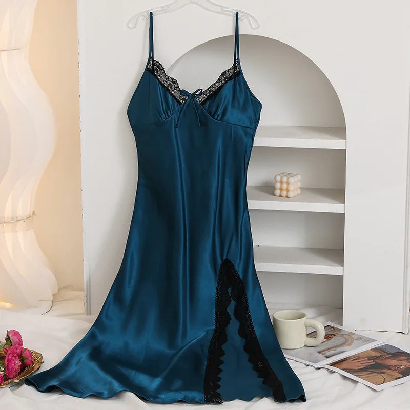 Camisola Branca Sensual Longa Feminina Cetim Lingerie Verão Novo Vestido de Casa Loungewear Pijama Mulher Nuisette Sexy De Nuit