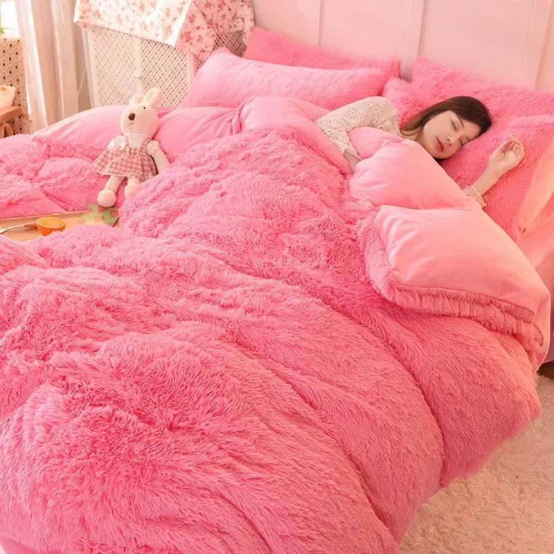 Luxury Autumn Winter Warm Pink Bedding Set Plush Kawaii Mink Velvet Queen Duvet Cover Set with Sheets Single Double Bedding Sets