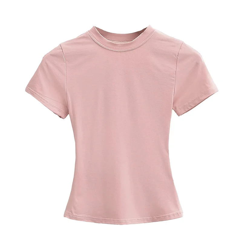 2025 Nova Camiseta Casual de Alta Qualidade Sexy Slim Manga Curta Tendência da Moda Sólida Roupa Feminina Blusas Y2K 1 - BRANCO M