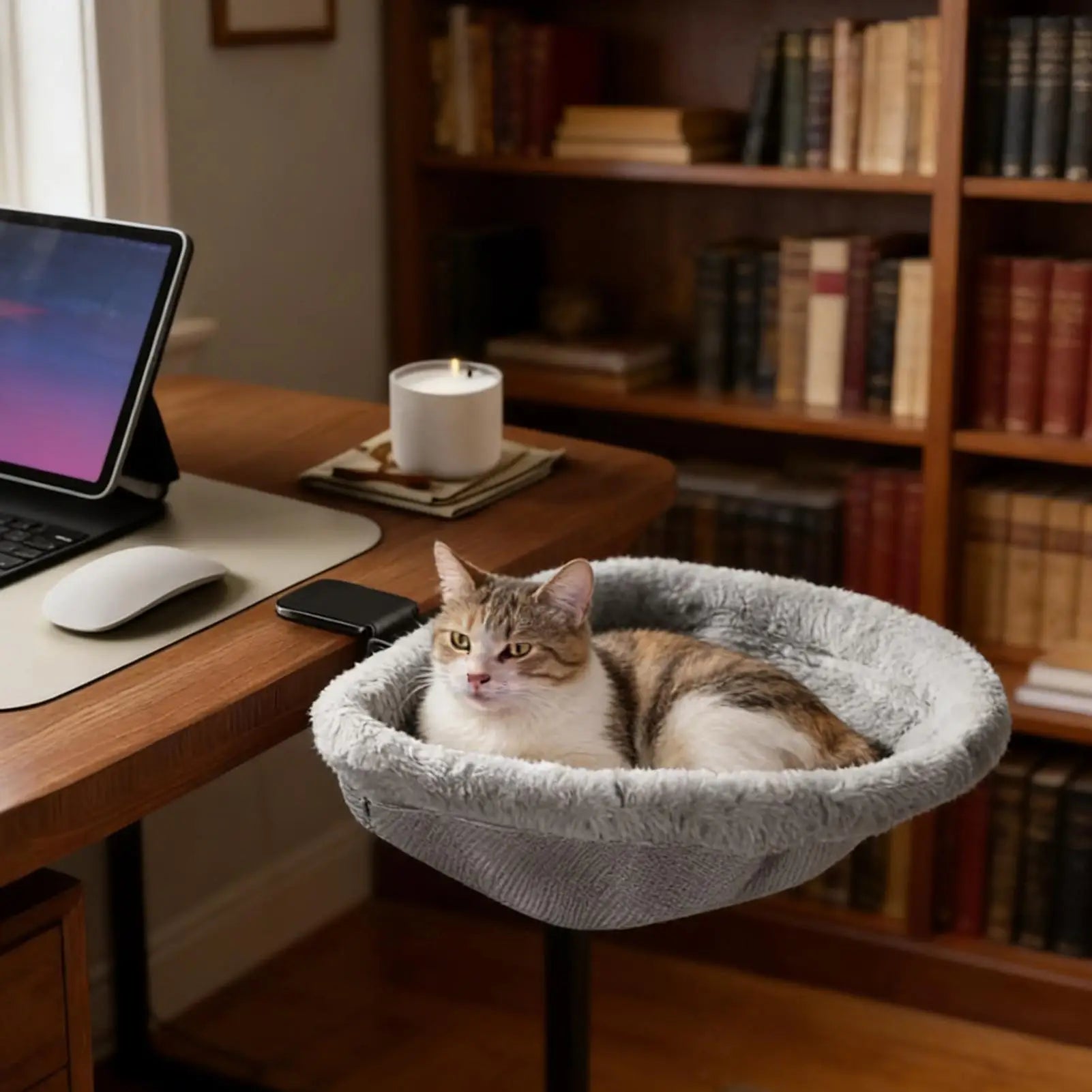 Cat Desk Bed Space Saving Foldable Perch Soft Plush Kitten Hammock Breathable Mesh Indoor Home Office Furniture