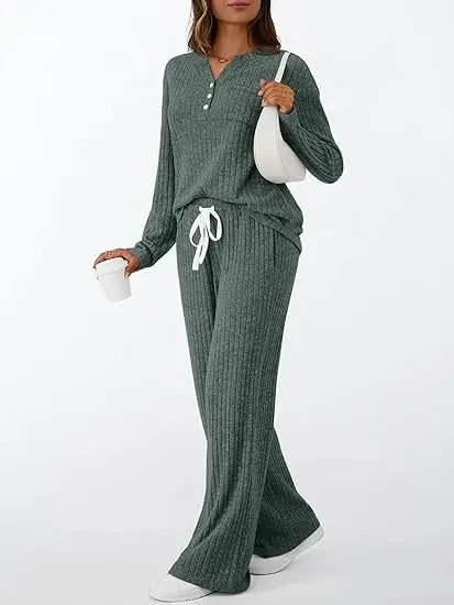 Women's Ribbed Knit Loungewear Set: Henley V-Neck Top Drawstring Wide Leg Pants