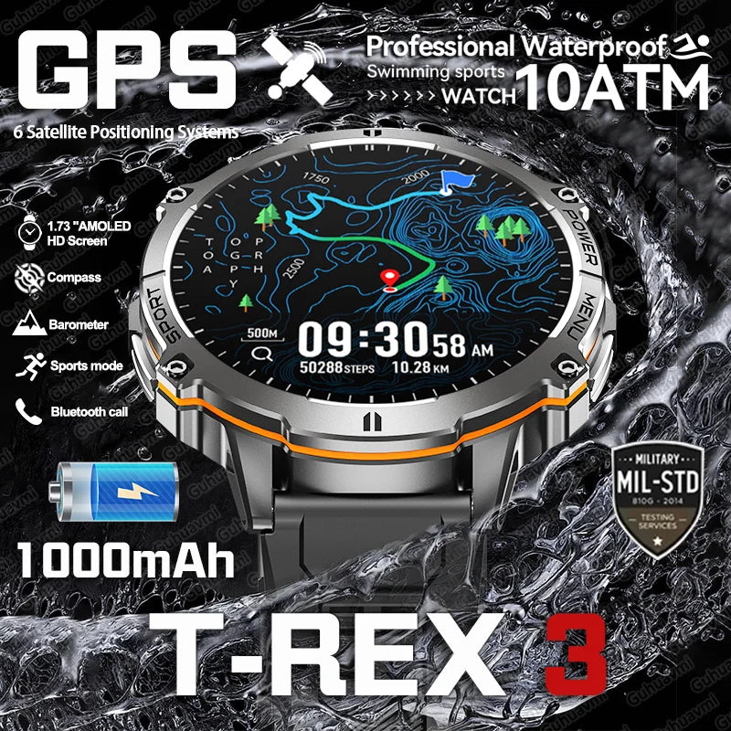 Smartwatch T-Rex 3 Militar Bateria 1000mAh 10ATM À Prova D'água GPS Bússola Altímetro Chamada AMOLED Masculino Natação Esportes