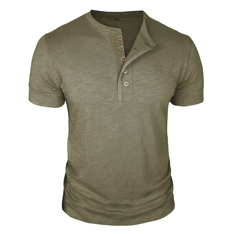 Camisetas masculinas de verão europeias e americanas, camisa Henley de algodão masculina de manga curta, camiseta masculina casual de gola redonda