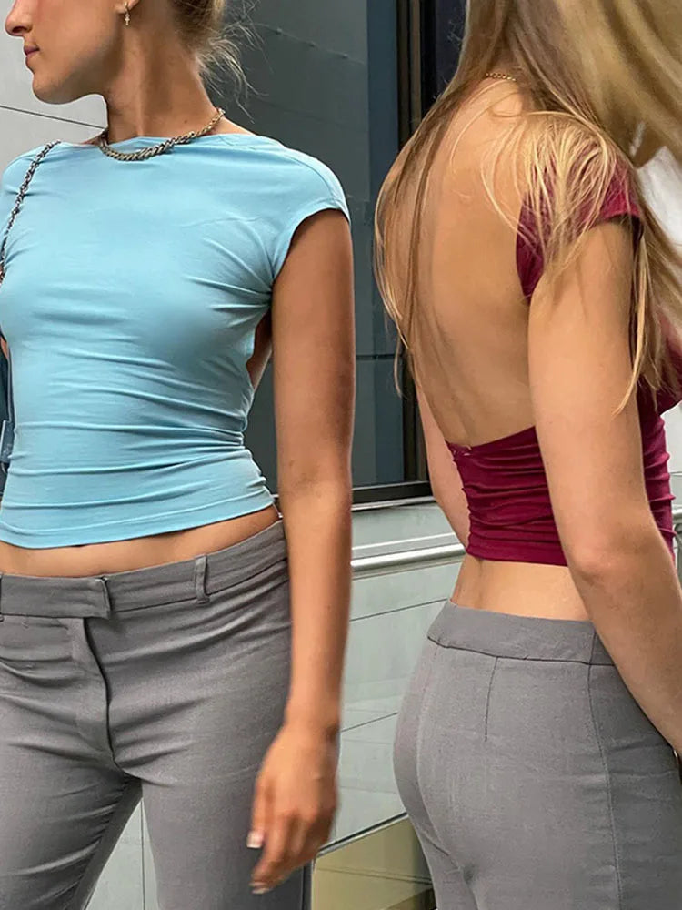 Blusa Feminina Manga Curta Sem Costas Várias Formas de Usar 2025 Justa Básica Verão Slim Cropped Recorte Camiseta Sexy Top Cropped - Cáqui M