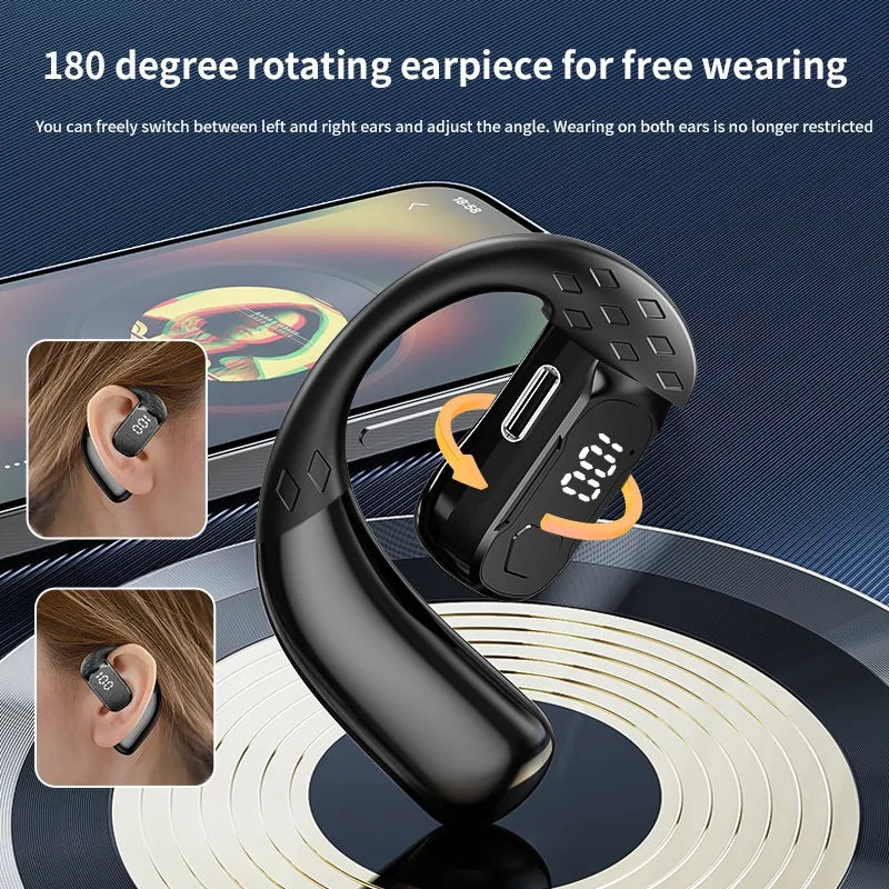 Fone de Ouvido Sem Fio Rotação 180° Ajustável Esquerdo Direito Aberto Bluetooth 5.4 Orelha Universal Microfone Esporte Negócios Música Gancho de Orelha