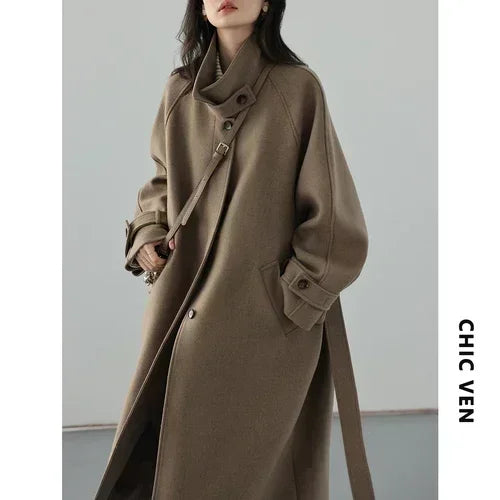 CHIC VEN Casaco Trench Longo Feminino Gola Alta Cinto Amarração Lã Manga Raglan Sobretudo Longo Escritório Senhora Outono Inverno 2024