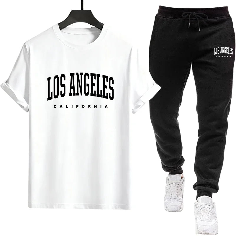 Conjunto Masculino de Loungewear 2026 Camiseta de Algodão Macio e Calça Jogger de Caimento Solto Roupa Confortável para Casa Primavera Verão Camisetas Casuais + Calças