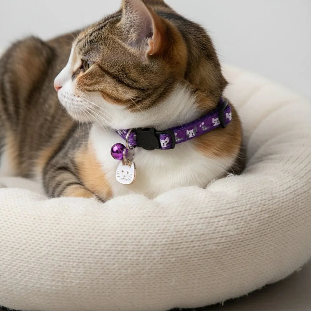 Coleira Ajustável para Gato com Fivela de Segurança de Liberação Rápida Antiasfixia para Filhotes, com Pingente de Rosto de Gato, Sino e Estampa de Gato