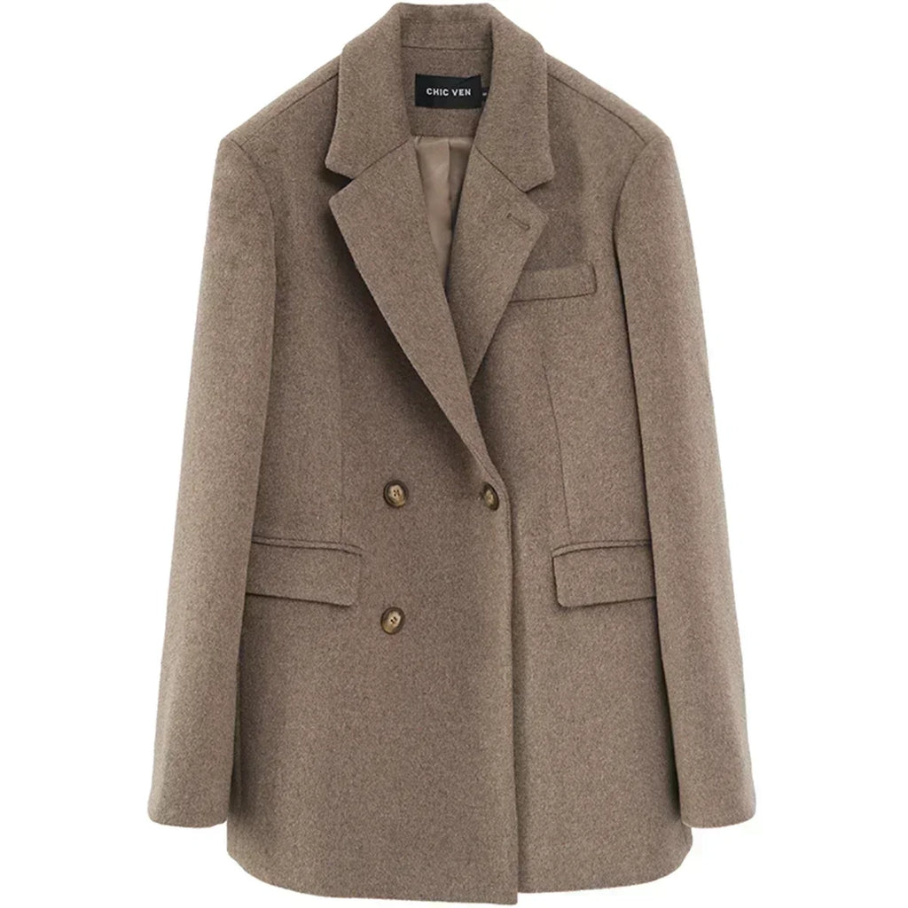 Chic Ven Casaco Feminino de Lã Mesclada Liso Médio Longo Blazer de Lã Grosso Quente Blusa Sobretudo Feminino Tops de Escritório Outono Inverno - Preto XG