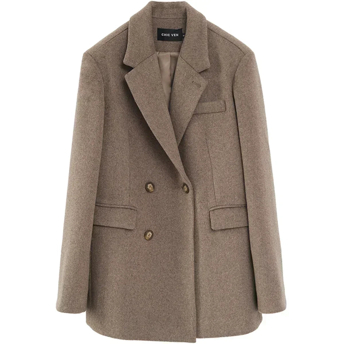 Chic Ven Casaco Feminino de Lã Mesclada Liso Médio Longo Blazer de Lã Grosso Quente Blusa Sobretudo Feminino Tops de Escritório Outono Inverno - Preto XG