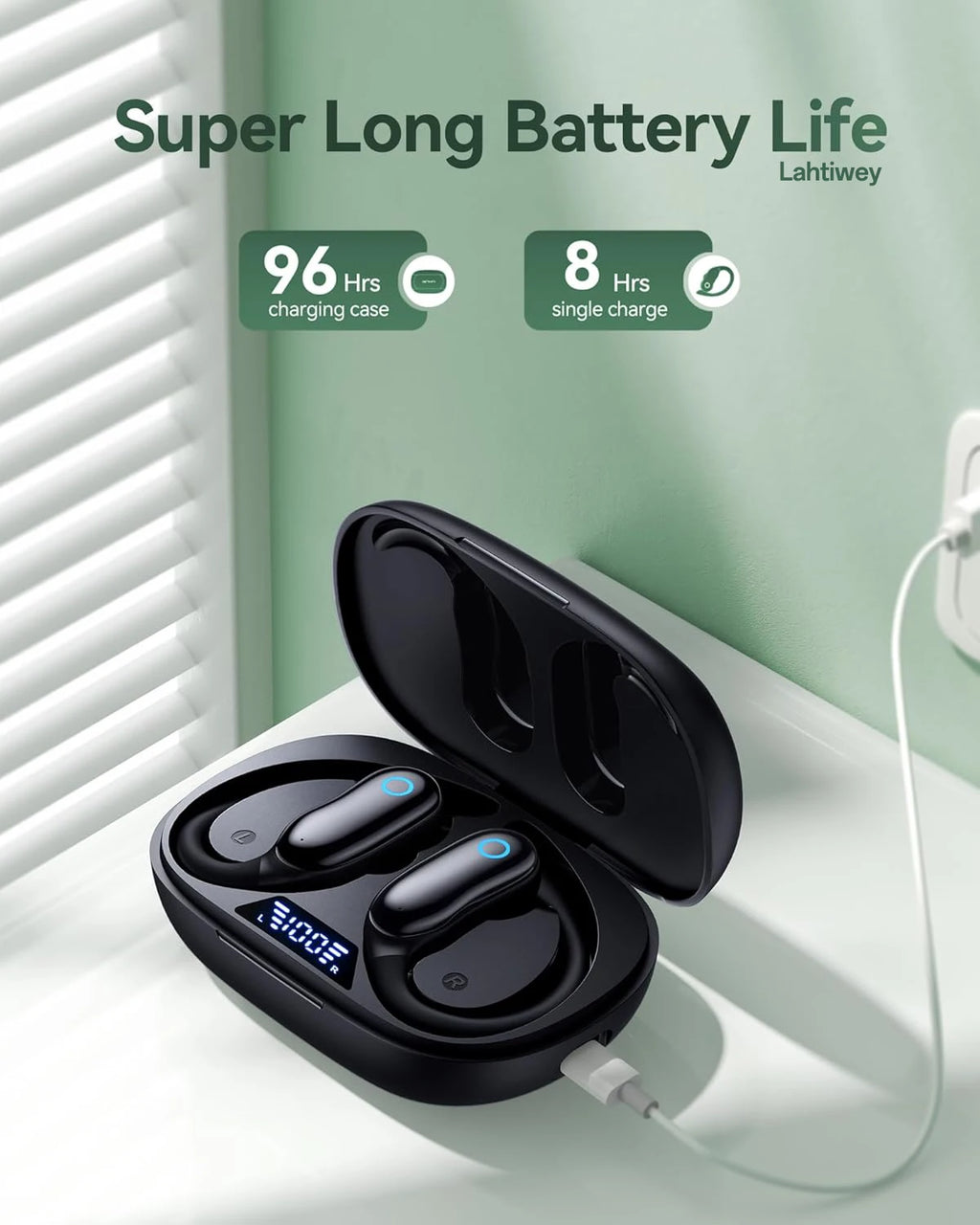Fones de ouvido sem fio, 96 horas de reprodução, Bluetooth, fones à prova d'água IPX7, graves estéreo, over-ear, com ganchos auriculares e microfone