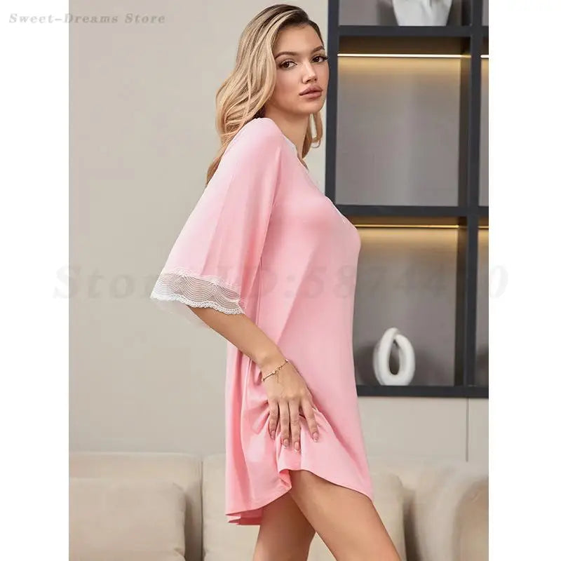 Pijama Feminino Sexy de Renda com Decote V Camisola de Algodão Modal Roupa de Casa Solta Casual Meia Manga Camisola Lingerie Íntima Roupa de Dormir