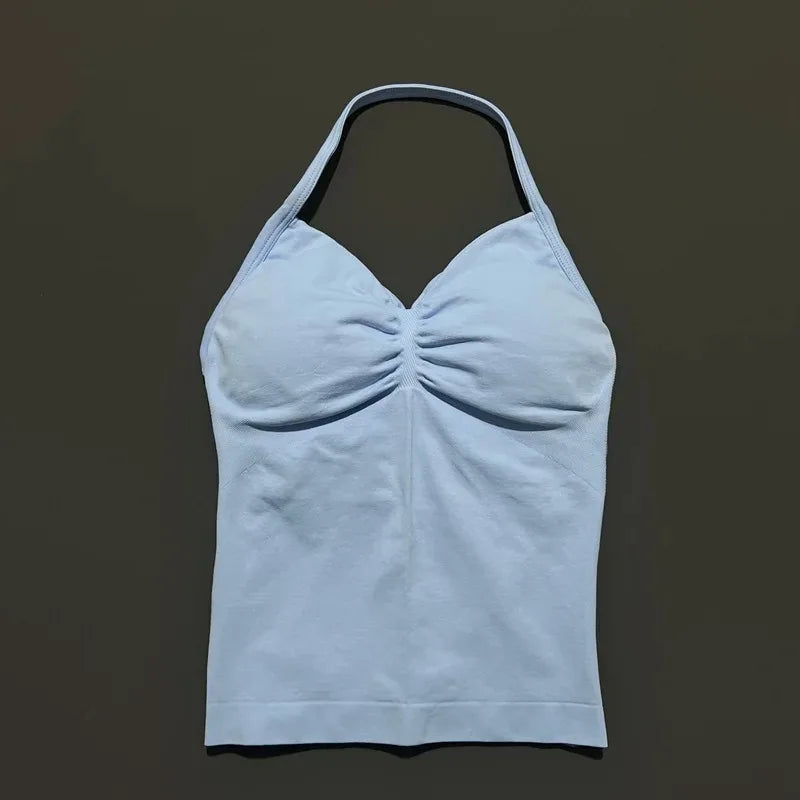 Conjuntos de Academia Femininos 2 Peças Impacto Sem Costura Fitness Yoga Roupa Esportiva Halter Top Shorts Roupa de Treino Corrida Roupa de Academia