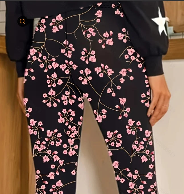 Women's Elegant and Fashionable Floral Print Leggings, Stylish Women's Basic Layer Long Pants