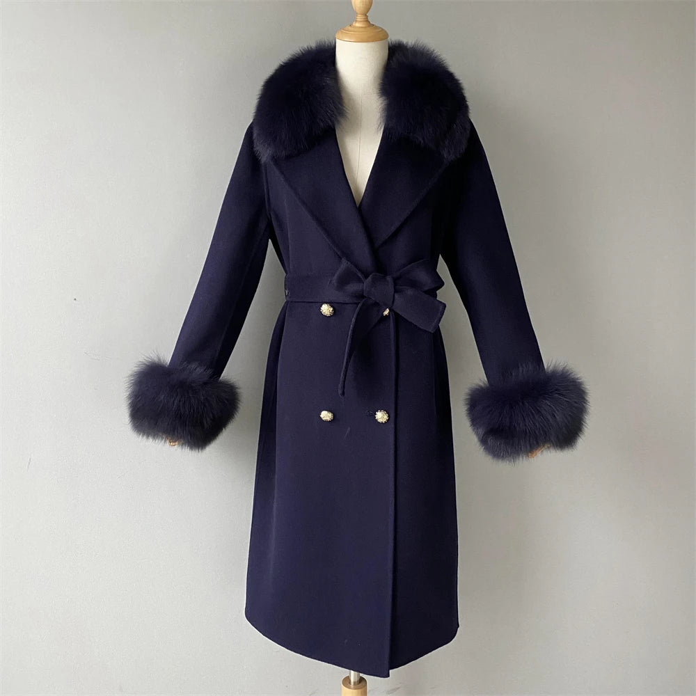 Jxwatcher Cashmere Lã Casaco Primavera Real Fox Colarinho Casaco de Lã de Trincheira Mulheres Inverno Casaco Quente Venda Longo Estilo Casacos de Lã