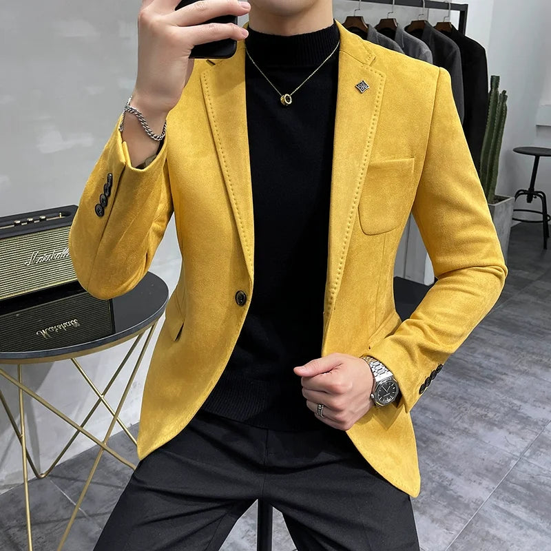 Jaqueta Masculina De Couro de Cervo com Forro de Lã Terno Blazer Masculino Negócios Casual Slim Fit Marca Moda Alta Qualidade Terno de Um Botão