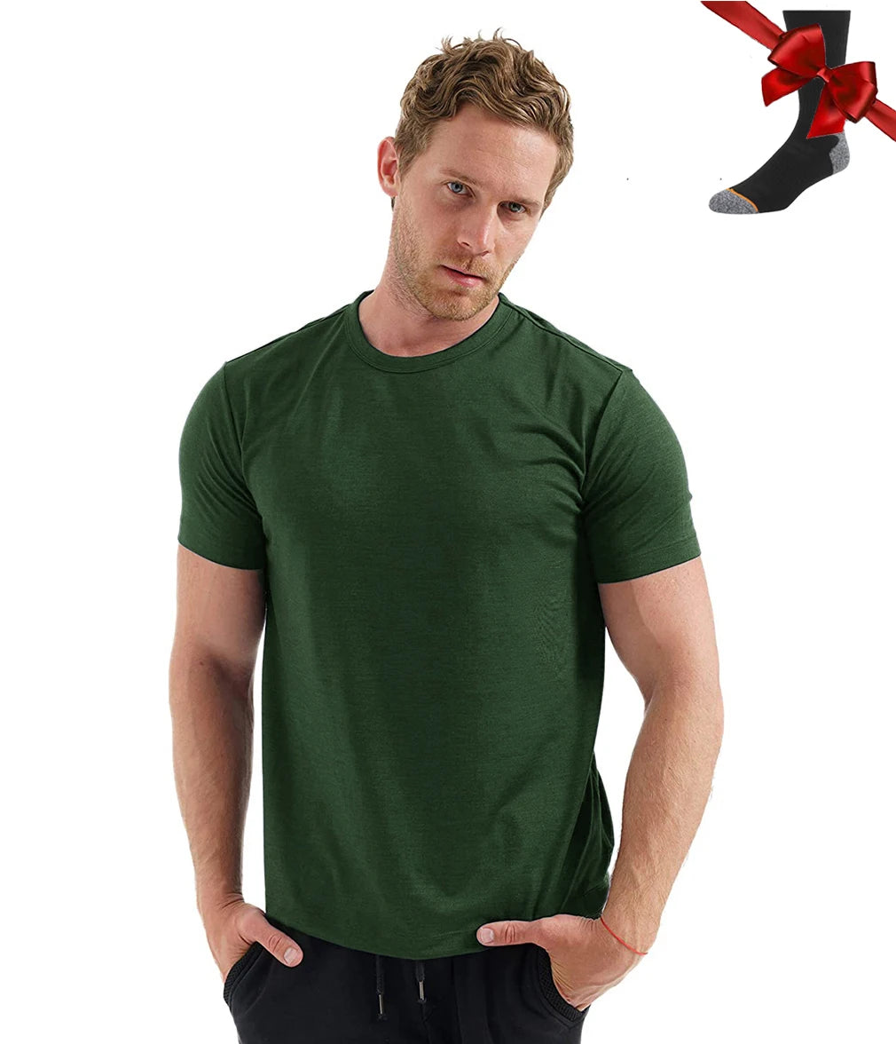 Camiseta Masculina 100% Lã Merino Super Fina Camada Base de Lã Merino que Absorve a Umidade Respirável de Secagem Rápida Antiodor + Meias de Lã Merino