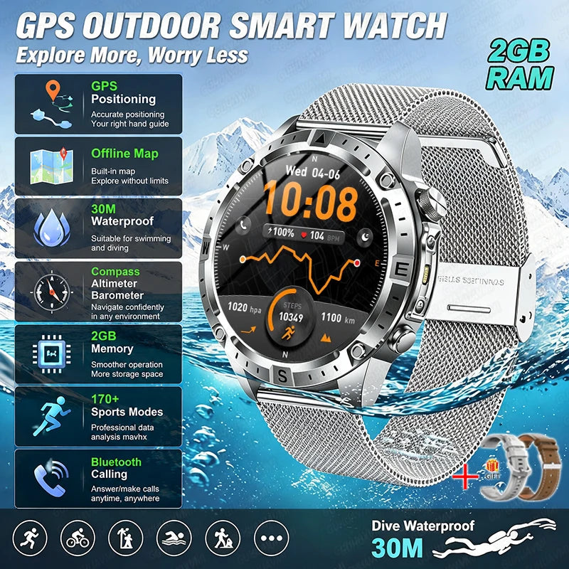 2026 Mapa Offline Novo Smartwatch 3ATM à Prova D'água GPS Navegação Bússola Altímetro Lanterna Masculino 170+ Esportes Pulseira Masculino Feminino