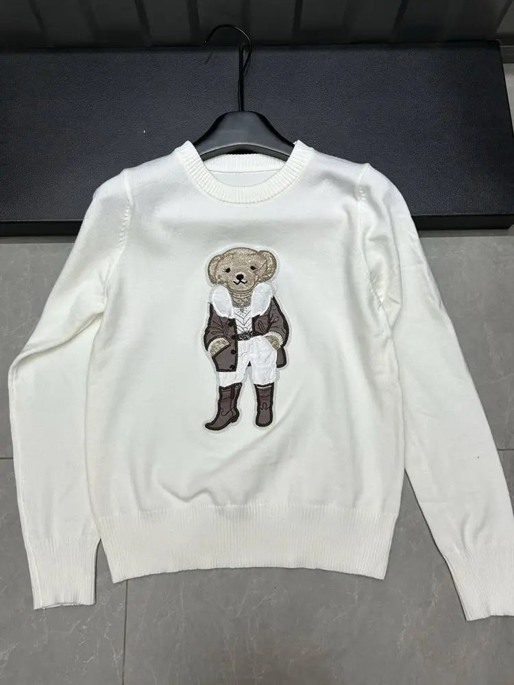 Camisola Suéter Tricotada Urso Bordado Luxo Francês de Rua Para Mulheres Moda Casual Tricô Blusas Pull Femme