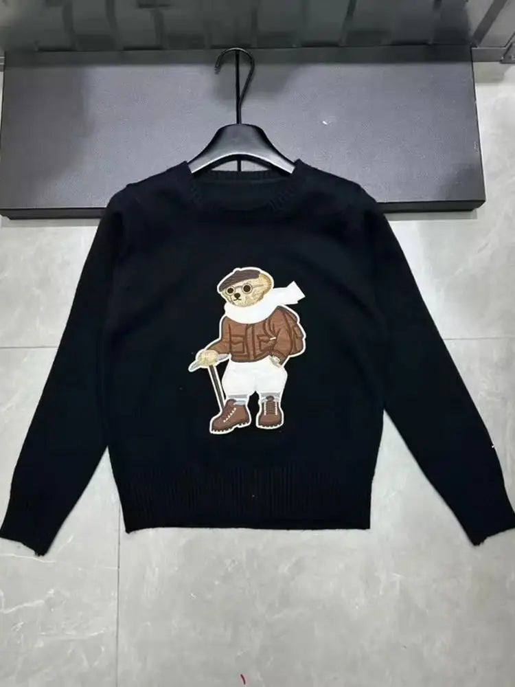 Suéter Feminino de Tricô com Urso Bordado Estilo Francês de Luxo para Mulheres Blusas Casuais de Malha Suéter Pull Femme