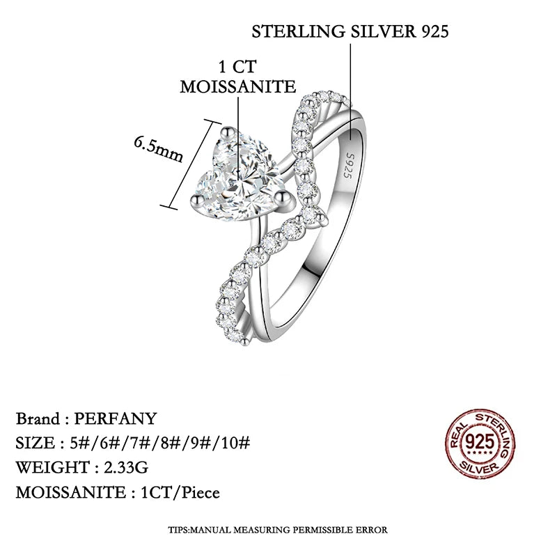 Anel Moissanite PERMANY 1CT Coração para Mulheres Prata Pura S925 Laboratório Diamante Elegante Luxo Joia de Casamento
